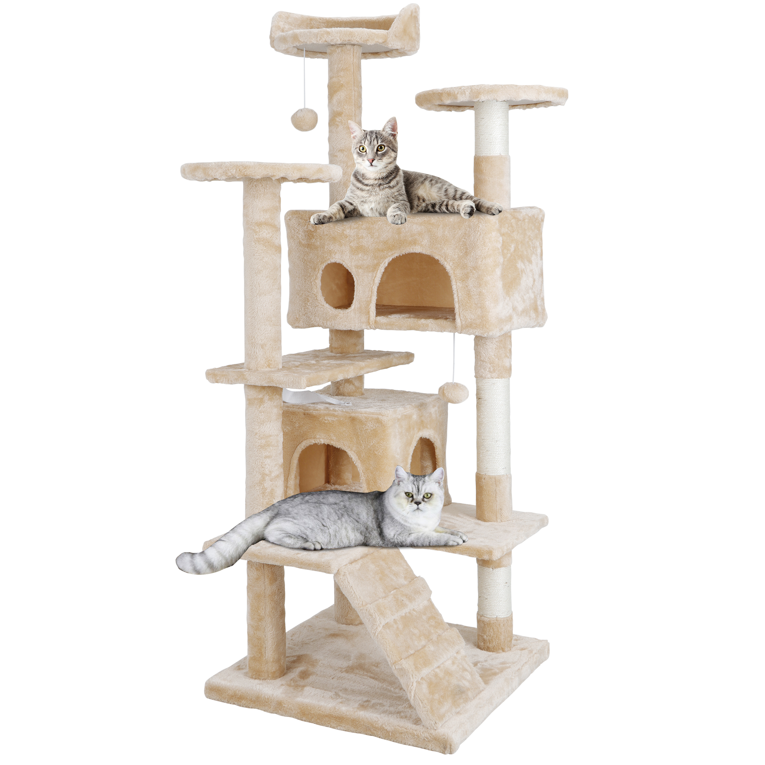 安定性抜群のキャットタワー 据え置き 猫タワー 高さ133センチ おもちゃ 天然の麻紐の爪とぎポール 猫部屋2つ付き 柔らかなフランネル仕上げ